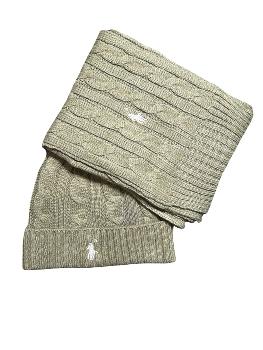 Ralph Lauren Cable Knit Beanie and Scarf Set in Olive Green